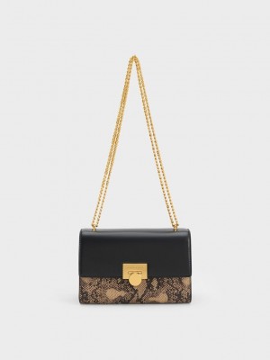 Charles & Keith Snake Print Metallic Accent Clutch Beige | NIPG21869