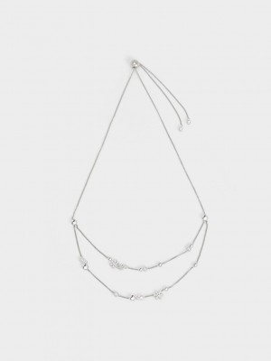 Charles & Keith Snowflake-Motif Pearl & Crystal Double Necklace Silber | XPMK79086