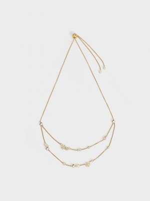 Charles & Keith Snowflake-Motif Pearl & Crystal Double Necklace Gold | ULJY90652