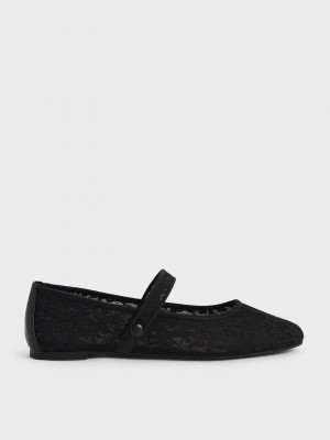 Charles & Keith Spitze & Mesh Mary Jane Ballerina Flats Schwarz | JANO52796