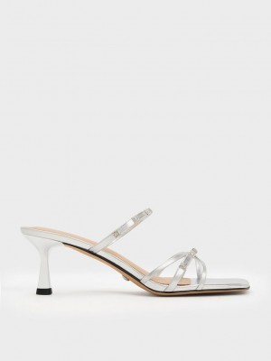 Charles & Keith Square Crystal-Embellished Metallic Leder Absatz Mules Silber | GMCW80563