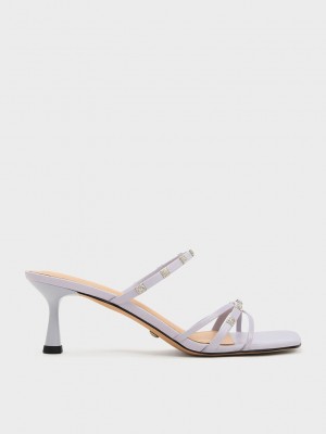 Charles & Keith Square Crystal-Embellished Metallic Leder Absatz Mules Lila | DXAR59732