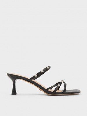 Charles & Keith Square Crystal-Embellished Leder Absatz Mules Schwarz | DUHE47290