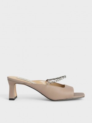 Charles & Keith Square Kappe Chain Link Mules Beige | OIVN56304