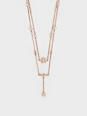 Charles & Keith Star Motif Crystal-Embellished Double Necklace Rosa Gold | LGKJ48953