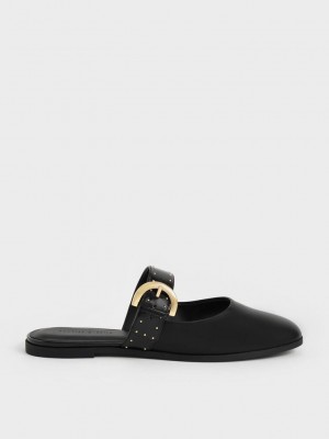 Charles & Keith Studded Buckled Flache Mules Schwarz | HDLM38215