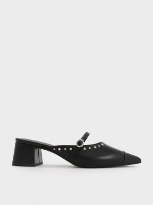 Charles & Keith Studded Pointed-Kappe Block Heel Mules Schwarz | NCWV92730