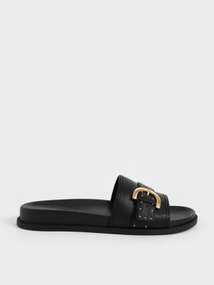 Charles & Keith Studded Schnallen Badelatschen Sandals Schwarz | TSHB28703