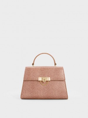 Charles & Keith Tallulah Snake-Print Trapeze Top Handle Bag Rosa | YCPB41930