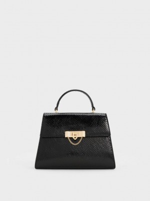 Charles & Keith Tallulah Snake-Print Trapeze Top Handle Bag Schwarz | COGB43280
