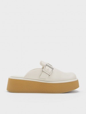 Charles & Keith Textured Buckled Flatform Mules Weiß | ZHGE06984