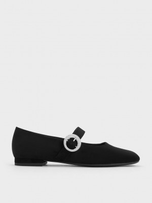 Charles & Keith Textured Crystal-Embellished Schnallen Mary Jane Flats Schwarz | HELJ07934