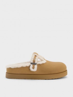 Charles & Keith Textured Fur-Trim Buckled Mules Khaki | MYQR18053