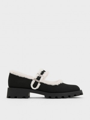 Charles & Keith Textured Fur-Trim Buckled Mary Janes Schwarz | WCIY59061
