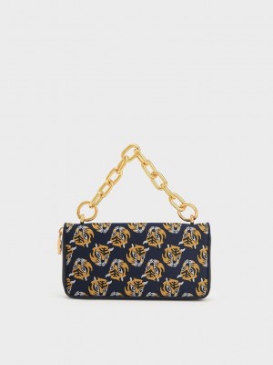 Charles & Keith Tiger Print Chain Handle Long Wallet Navy | NMXQ59764