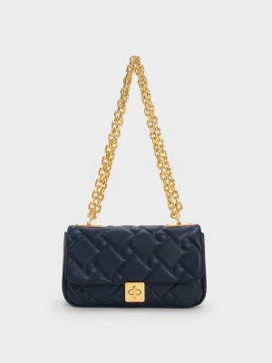 Charles & Keith Tillie Gesteppt Chain Bag Navy | IYOF95674