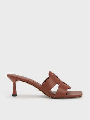 Charles & Keith Trichelle Interwoven Leder Spool Heel Mules Dunkelbraun | LNOE31675