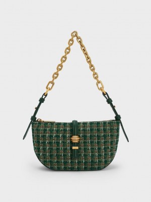 Charles & Keith Trudy Tweed Belted Geometric Bag Dunkelgrün | EIWJ86371