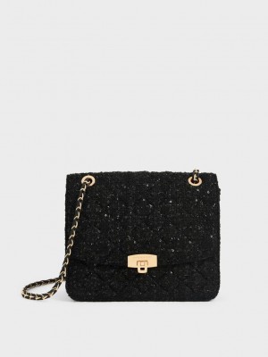 Charles & Keith Tweed Chain Riemen Bag Schwarz | BQYO34782