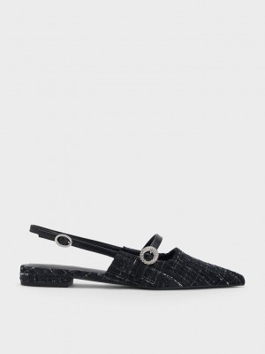 Charles & Keith Tweed Crystal-Embellished Slingback Flats Mehrfarbig | OGNI73812