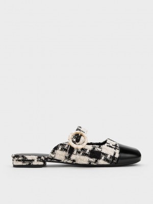 Charles & Keith Tweed Pearl Schnallen Mary Jane Mules Schwarz | VWGN82149