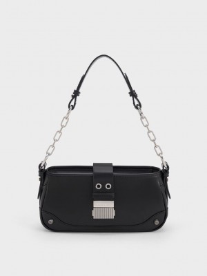 Charles & Keith Winslet Belted Shoulder Bag Schwarz | DGUR48701