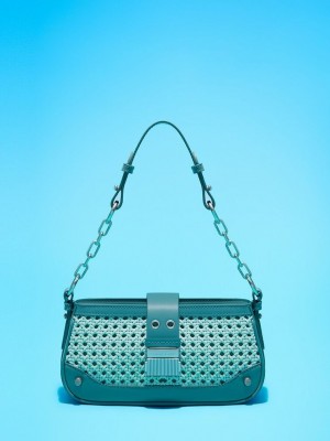 Charles & Keith Winslet Woven Belted Shoulder Bag Türkis | QHTL79314