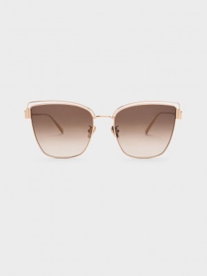 Charles & Keith Wire-Frame Cat-Eye Sunglasses Rosa Gold | HESN84526