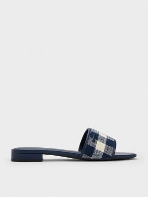 Charles & Keith Woven Gingham Flache Sandals Dunkelblau | LQND97481