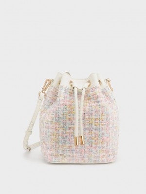 Charles & Keith Woven Handle Tweed Bucket Bag Hellrosa | NOFV51392