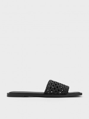 Charles & Keith Woven Square-Kappe Slides Schwarz | IHXS38094