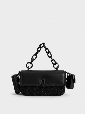Charles & Keith Wren Acrylic Chain Handle Tweed Bag Schwarz | SZED56047