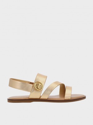 Charles & Keith Yara Metallic Turn Lock Riemchen Sandals Gold | CHJQ17563