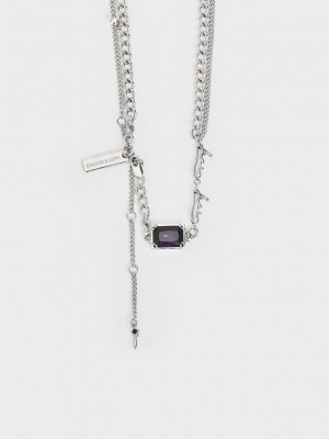 Charles & Keith Zira Crystal Charm Double Necklace Silber | QVJU94263