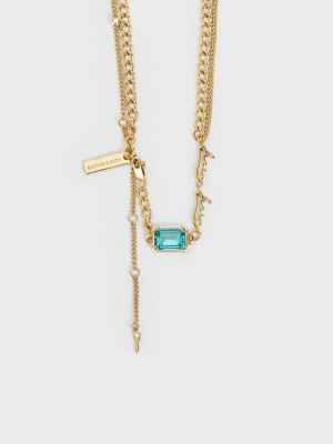 Charles & Keith Zira Crystal Charm Double Necklace Gold | WFDA42385