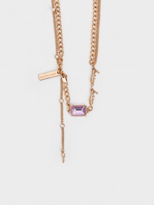 Charles & Keith Zira Crystal Charm Double Necklace Rosa Gold | RUQI34751
